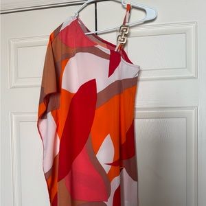 Fun tropical mini dress with one shoulder gold detail